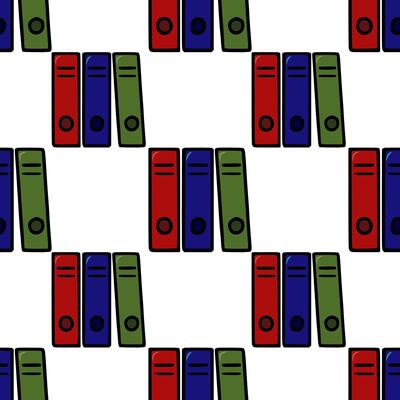 Seamless pattern of colorful office binders, a cheerful and organized design with red, blue, and green binders arranged in a repeating pattern, perfect for office-themed projects.