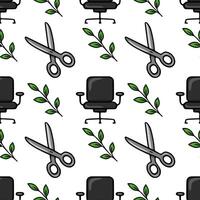 Seamless pattern featuring office chairs, scissors, and green leaves, a unique design for backgrounds and textile prints. vector