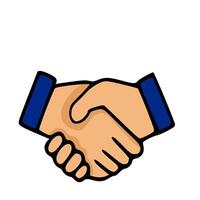 A illustration of a handshake, featuring two hands clasped together in a firm grip, depicted in a simplified, cartoonish style with dark outlines and flat colors of beige and dark blue for t... vector