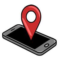 A illustration of a smartphone with a red location pin on the screen, showcasing a modern, cartoonish style with bold outlines and a simple color palette. vector