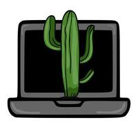 A whimsical illustration of a saguaro cactus playfully emerging from a closed laptop screen, creating a unique blend of nature and technology. vector