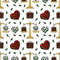 Seamless pattern with scales of justice, hearts entwined with leaves, and briefcases, symbolizing the balance between work and nature. vector