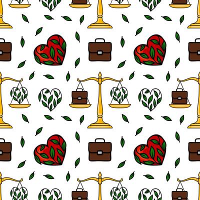 Seamless pattern with scales of justice, hearts entwined with leaves, and briefcases, symbolizing the balance between work and nature.