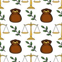 Seamless pattern with golden scales of justice, sacks of gold coins, and green leaves, symbolizing law, wealth, and prosperity. vector