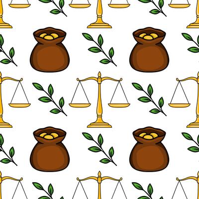 Seamless pattern with golden scales of justice, sacks of gold coins, and green leaves, symbolizing law, wealth, and prosperity.