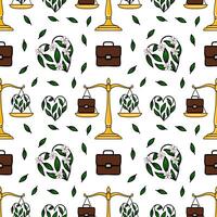 Seamless pattern featuring golden scales of justice balancing a briefcase and a heart-shaped floral design, symbolizing work-life balance, with scattered leaves for a nature-inspired touch. vector