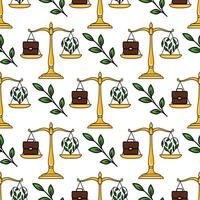 Seamless pattern of golden scales, briefcases, and heart-shaped plants, symbolizing the balance between business and nature. vector