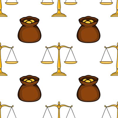 Seamless pattern featuring golden scales of justice and brown sacks of gold coins, illustrating a concept of legal wealth and balance.