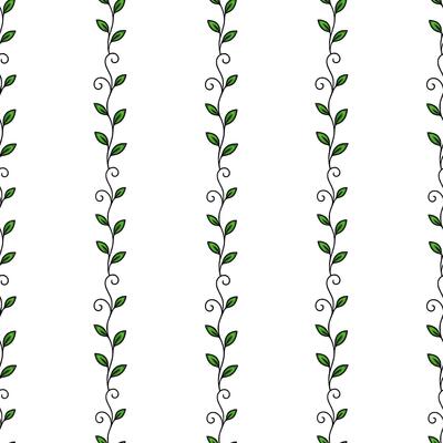 Seamless pattern with vertical lines of stylized green leaves and swirls, creating a simple yet elegant botanical design perfect for backgrounds, textile prints, or wrapping paper.