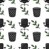 Seamless pattern featuring office chairs, wastebaskets, and stylized green leaves, creating a minimalist and modern office design. vector