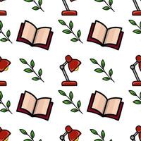 Seamless pattern featuring red desk lamps, open books, and green leaves, creating a charming and studious atmosphere. vector