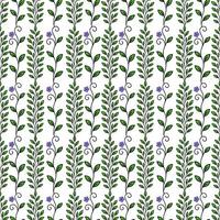 Seamless pattern of stylized green leaves and small purple flowers arranged in vertical stripes on a white background, creating a delicate and elegant design. vector