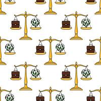 Seamless pattern of golden scales balancing briefcase and heart-shaped plant, symbolizing work-life balance concept in a minimalist style. vector