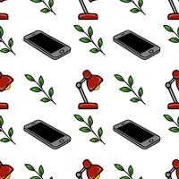 Seamless pattern of smartphones, red table lamps, and green leaves, creating a minimalist and modern office design. vector