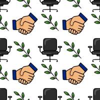 Seamless pattern featuring handshakes, office chairs, and green leaves, symbolizing successful business partnerships and a fresh, ecofriendly work environment. vector