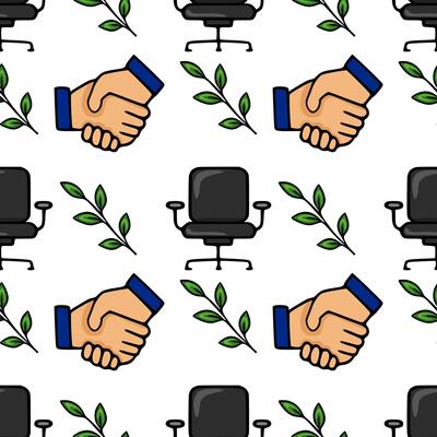 Seamless pattern featuring handshakes, office chairs, and green leaves, symbolizing successful business partnerships and a fresh, ecofriendly work environment.