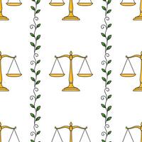 Seamless pattern featuring golden scales of justice and intertwining green leaves, creating a balanced and harmonious design ideal for legal or nature-themed projects. vector
