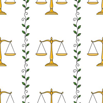 Seamless pattern featuring golden scales of justice and intertwining green leaves, creating a balanced and harmonious design ideal for legal or nature-themed projects.