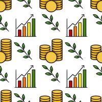 Seamless pattern with stacks of gold coins, growing bar chart, and green leaves, illustrating financial growth and prosperity. vector