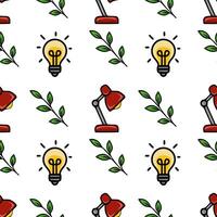 Seamless pattern featuring red desk lamps, bright light bulbs, and green leaves, creating a cheerful and productive office vibe. vector