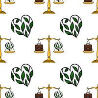 Seamless pattern featuring golden scales balancing a briefcase and a heart-shaped plant, symbolizing the work-life balance concept with green leaves and yellow accents. vector