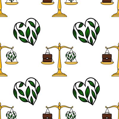 Seamless pattern featuring golden scales balancing a briefcase and a heart-shaped plant, symbolizing the work-life balance concept with green leaves and yellow accents.