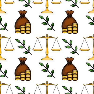 Seamless pattern with golden scales of justice, money bags, and green leaves, symbolizing financial equity and prosperity.