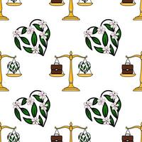 Seamless pattern featuring golden scales of justice balancing a briefcase and a heart-shaped floral arrangement, symbolizing work-life balance with nature. vector