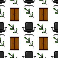 Seamless pattern of office chairs, wooden cabinets, and green leaves, creating a minimalist and fresh office environment illustration. vector