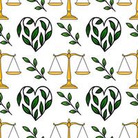 Seamless pattern featuring golden scales of justice and heart-shaped green foliage, symbolizing balance and natures harmony. vector
