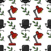Seamless pattern featuring stylized office chairs, red desk lamps, and green leaves, creating a vibrant and modern office workspace design. vector