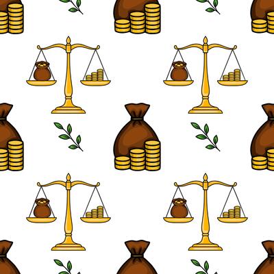 Seamless pattern of golden scales, money bags, and coins stacks, symbolizing financial balance and wealth, with simple green leaves adding a touch of nature.