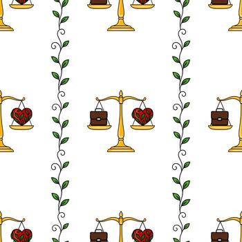 Seamless pattern of golden scales balancing a briefcase and a leafy heart, adorned with elegant green vines, ideal for backgrounds and design projects. vector