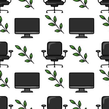 Seamless pattern of office chairs, computer monitors, and green leaves, creating a minimalist and modern design for various applications. vector
