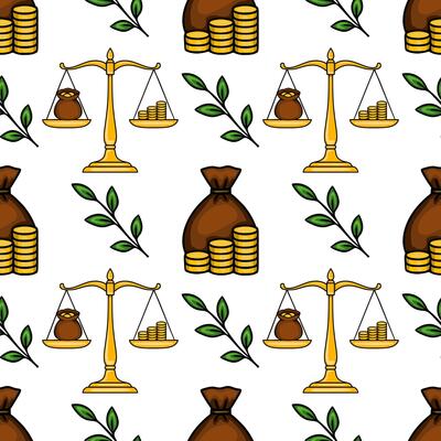 Seamless pattern with golden scales, money bags, coins stacks and green leaves, illustrating financial balance and growth concept.