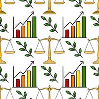 Seamless pattern featuring golden scales of justice, upward trending bar graph, and green leaves, symbolizing balanced growth and sustainable prosperity. vector