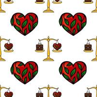 Seamless pattern featuring stylized golden scales balancing a briefcase and a heart entwined with green leaves, symbolizing the work-life balance concept. vector