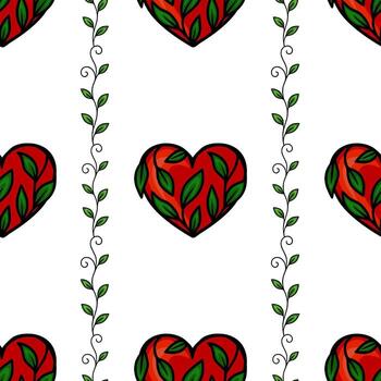 Seamless pattern of red hearts entwined with green leaves and vertical vine borders, creating a romantic and nature-inspired design. vector