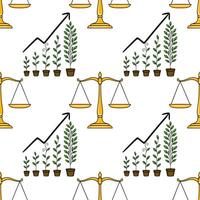 Seamless pattern featuring golden scales of justice and growing plants, symbolizing balanced growth and prosperity. vector