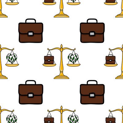 Seamless pattern featuring golden scales of justice balancing a briefcase and a heart-shaped plant, symbolizing the work-life balance concept.