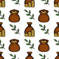 Seamless pattern with brown money bags, stacks of gold coins, and green leaves, creating a stylized wealth and prosperity design. vector