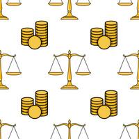 Seamless pattern of golden scales of justice and stacks of coins, symbolizing the balance of law and finance, perfect for legal or financial backgrounds. vector