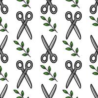 Seamless pattern of grey scissors and green leaves, a playful design for crafting or gardening projects. vector