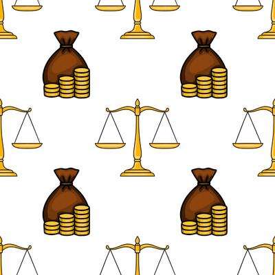 Seamless pattern featuring golden scales of justice and sacks of gold coins, symbolizing the balance of wealth and law.
