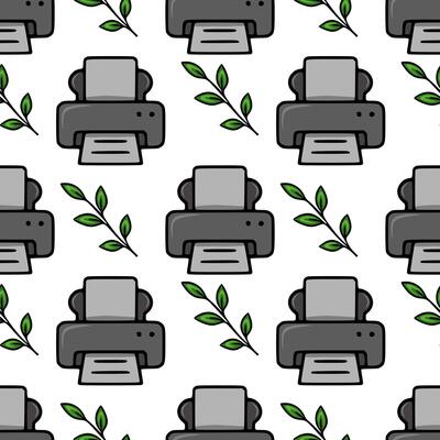 Seamless pattern of gray printers and green leaves, illustrating ecofriendly office concept with a handdrawn style.