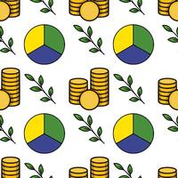Seamless pattern featuring stacks of gold coins, pie charts, and green leaves, symbolizing financial growth and sustainable investments. vector