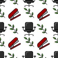 Seamless pattern featuring red staplers, black office chairs, and green leaves, creating a cheerful and organized office-themed design. vector