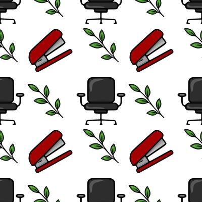 Seamless pattern featuring red staplers, black office chairs, and green leaves, creating a cheerful and organized office-themed design.