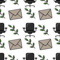 Seamless pattern with office chair, envelope, and green leaves, creating a minimalist and fresh office design. vector