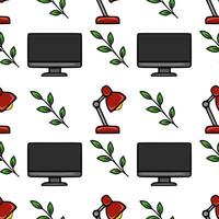 Seamless pattern featuring stylized computer monitors, red desk lamps, and green leaves, creating a minimalist office workspace design. vector